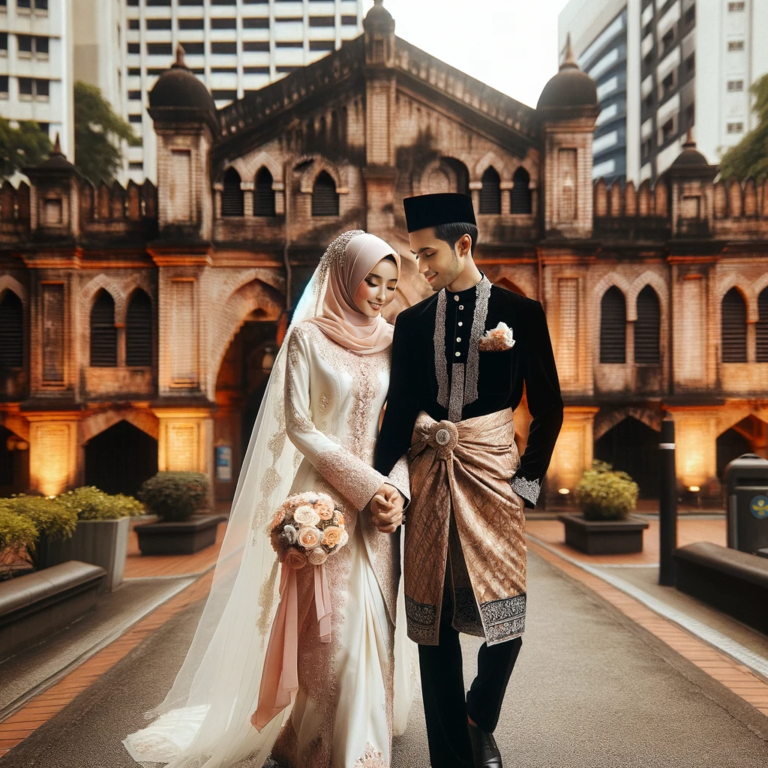 DALL·E 2024-01-21 20.55.29 - An image depicting a Malay Muslim couple in wedding attire, as part of their wedding photoshoot in an urban setting. The groom is wearing 'Baju Melayu