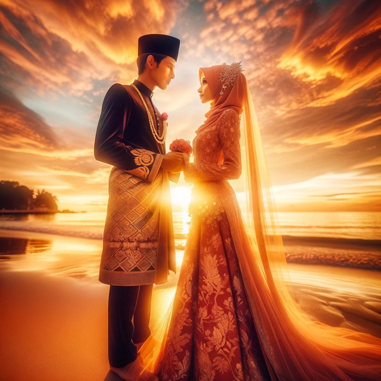 DALL·E 2024-01-21 20.55.32 - A vivid and detailed image of a Malay Muslim couple during a wedding photoshoot, set against a beautiful beach sunset. The groom is dressed in traditi