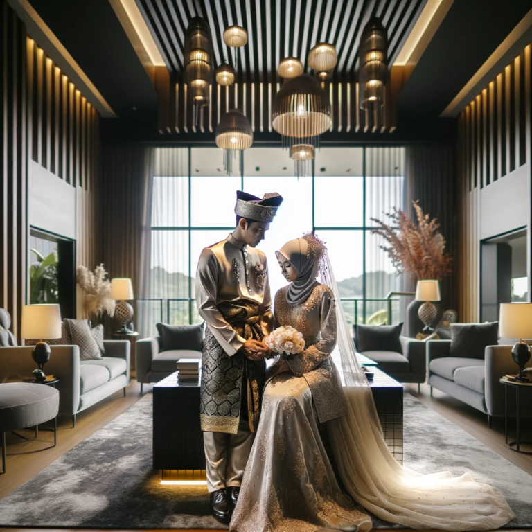 DALL·E 2024-01-21 20.55.34 - An image of a Malay Muslim couple in their wedding attire during a photoshoot, set in a modern, elegantly decorated indoor space. The groom is in 'Baj