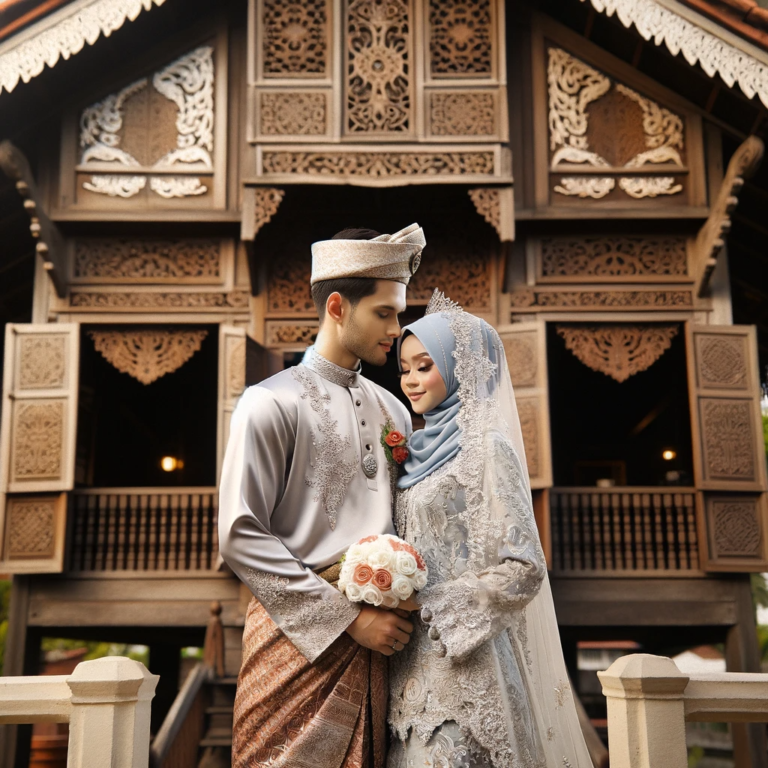 DALL·E 2024-01-21 20.55.37 - A realistic portrayal of a Malay Muslim couple in their wedding attire, part of a wedding photoshoot. The groom is dressed in 'Baju Melayu', and the b
