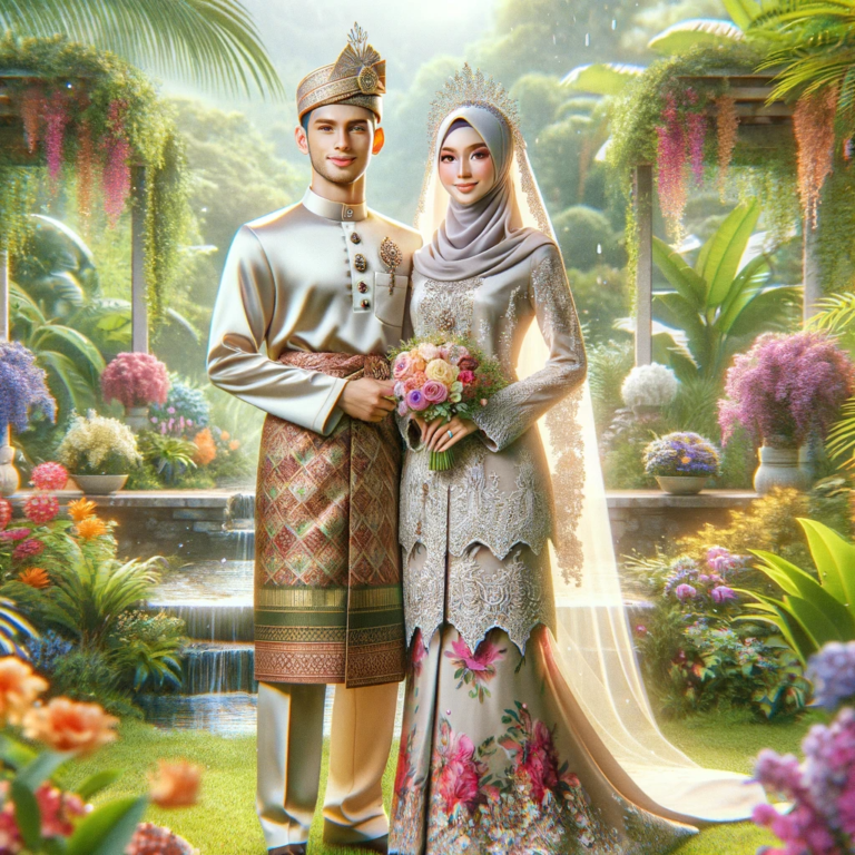 DALL·E 2024-01-21 20.55.39 - Create a realistic image of a Malay Muslim couple in a wedding photoshoot, dressed in traditional Malay attire. The groom wears 'Baju Melayu' and the